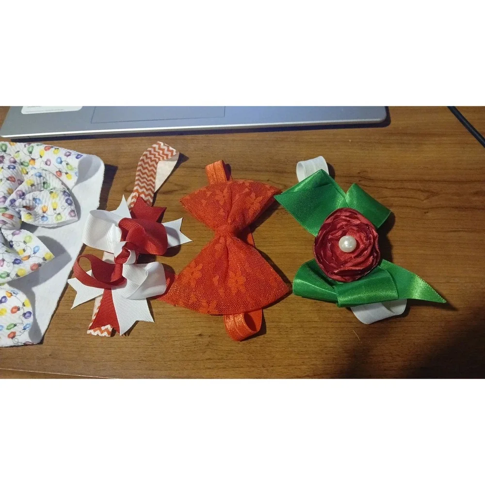 4 Holiday Baby Headband Hairbows Christmas Light Lace Rose Ribbon Set